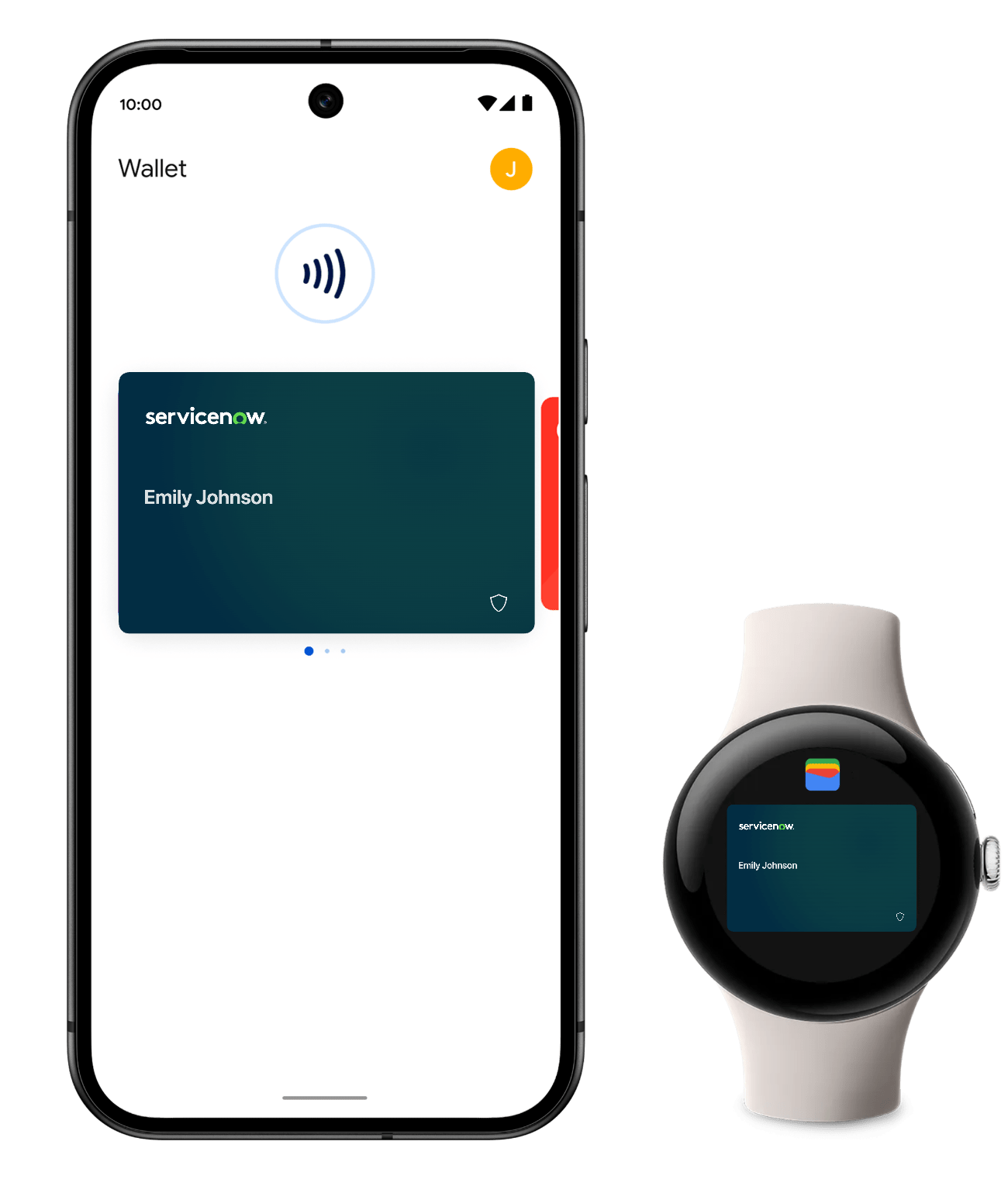 A smartphone and smartwatch display a digital wallet with a ServiceNow card for Emily Johnson on their screens.