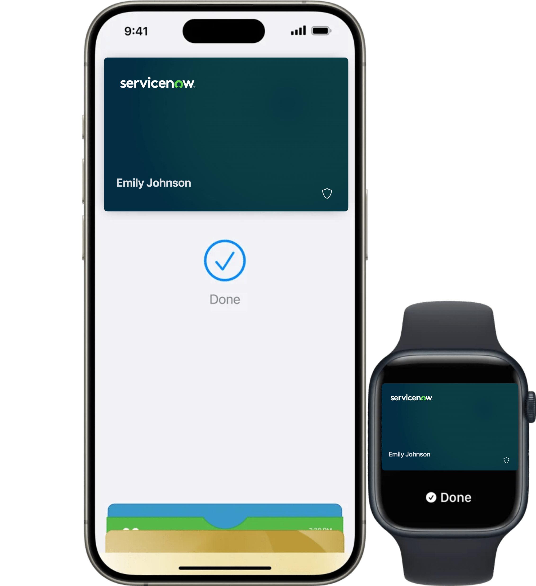 An iPhone and Apple Watch display a digital ServiceNow card for Emily Johnson, showing a completed action with a check mark and Done message on both devices.