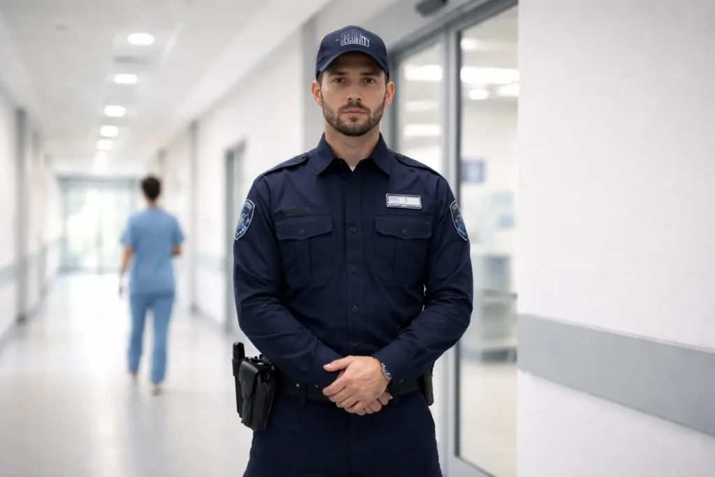 A security guard in uniform stands in a hallway, with a nurse walking away in the background.