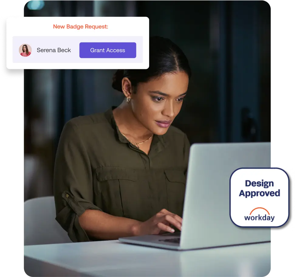A woman sits at a desk working on a laptop, with digital notifications for a new badge request and design approval displayed on the screen.
