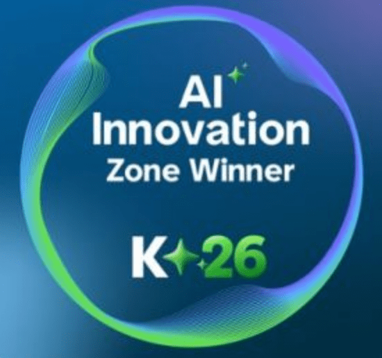 A circular badge with the text AI Innovation Zone Winner K*26 on a blue gradient background with green and purple border accents.