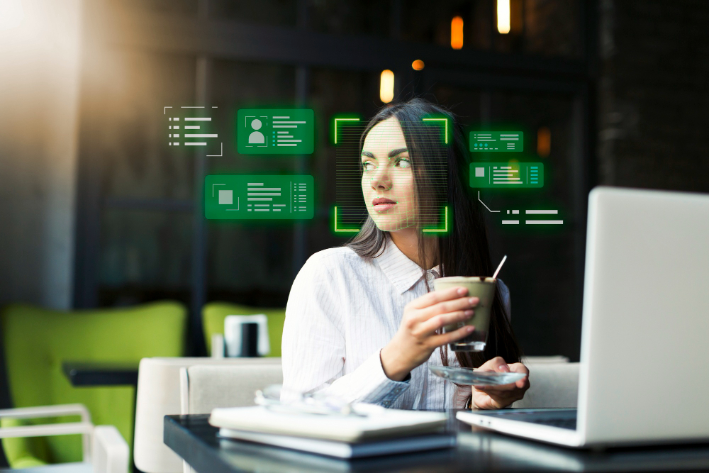 A woman sits at a table with a laptop, holding a cup, while digital interface graphics are projected around her head, suggesting facial recognition technology.
