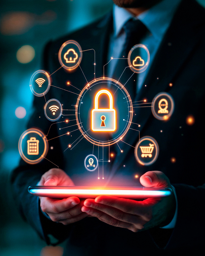 A person in a suit holds a tablet displaying digital icons related to cybersecurity, such as a padlock, cloud, shopping cart, and wifi, glowing in an abstract network.