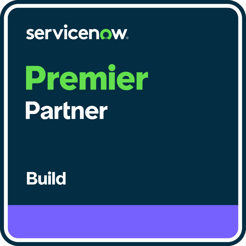 ServiceNow Premier Partner Build badge with white and green text on a dark blue background and a purple stripe at the bottom.