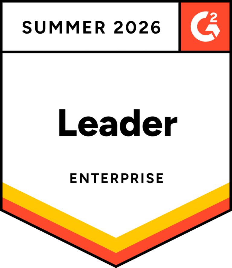 G2 badge labeled Summer 2026 Leader Enterprise with a red G2 logo in the top right corner and yellow and orange stripes at the bottom.