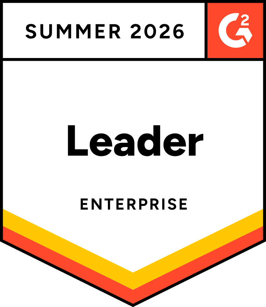 G2 badge labeled Summer 2026 Leader Enterprise with a red G2 logo in the top right corner and yellow and orange stripes at the bottom.