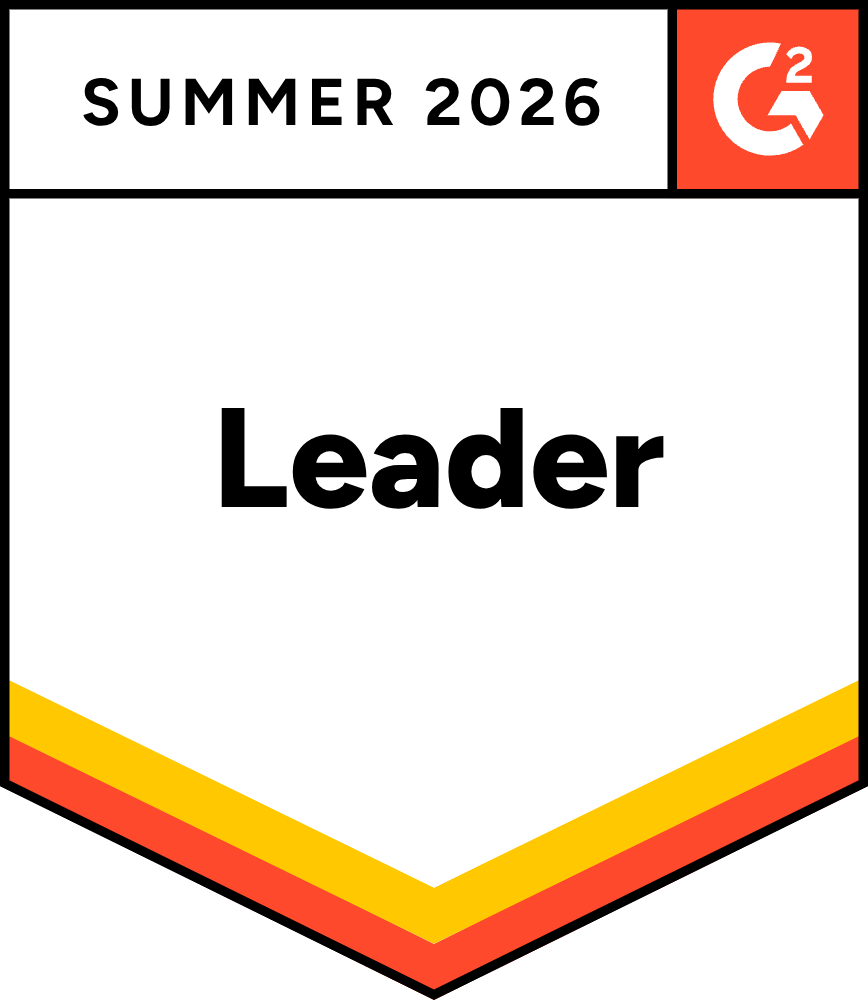 G2 badge for Summer 2026 with the label Leader in bold text and red, orange, and yellow stripes at the bottom.
