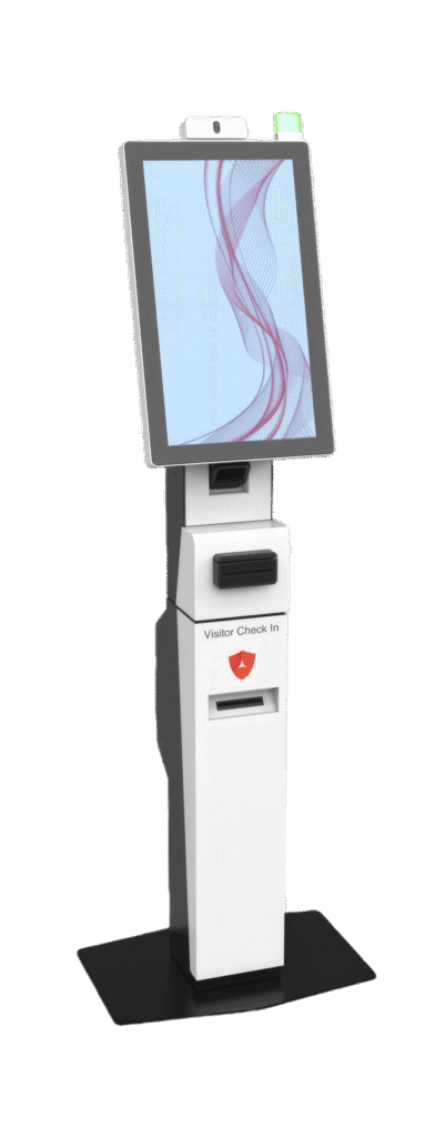 A white visitor check-in kiosk with a large touchscreen display, card slot, receipt printer, and camera, standing on a black floor base.