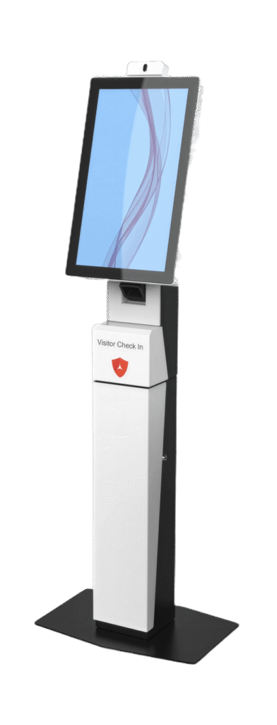 A touchscreen visitor check-in kiosk with a camera on top, a display screen, and a red Visitor Check In button, standing on a black base.