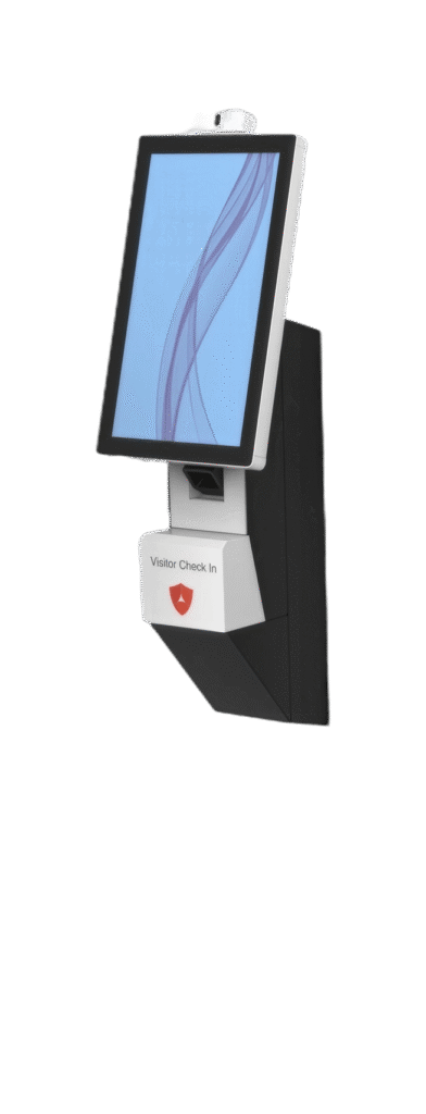 Wall-mounted touchscreen kiosk with a Visitor Check In label and downward arrow, displaying a blank blue screen with wavy lines.