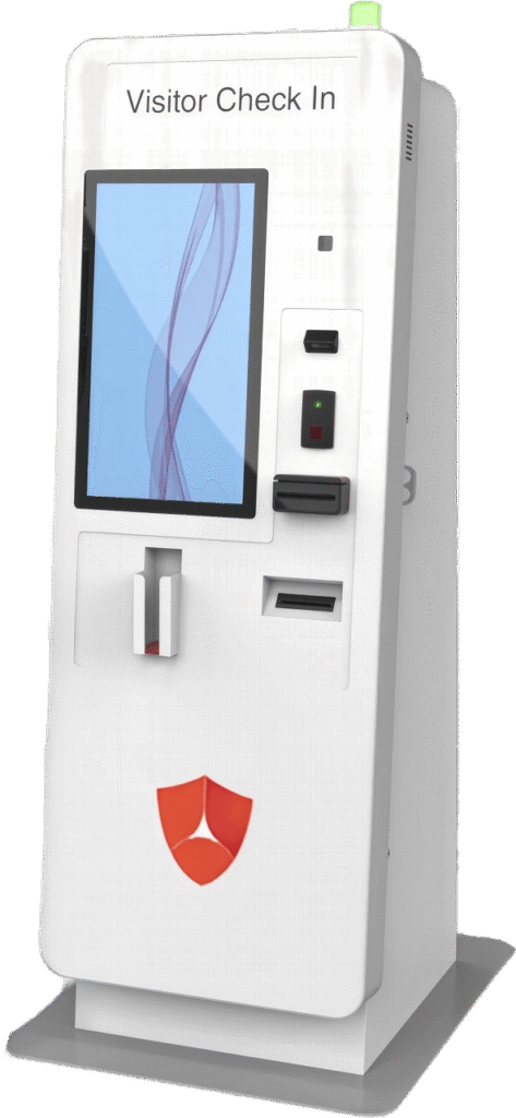 White visitor check-in kiosk with a touchscreen, card slot, scanner, and shield logo at the base.