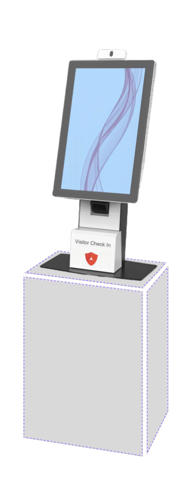 A touchscreen visitor check-in kiosk with a camera and scanner mounted on a white stand.