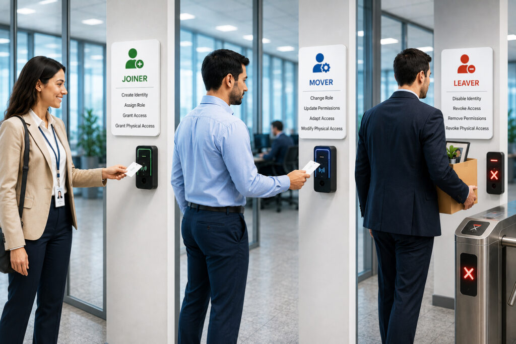 Identity Lifecycle Management (Joiner, Mover, Leaver) process illustrating employee onboarding, role changes, and offboarding with secure physical access control in a modern workplace.