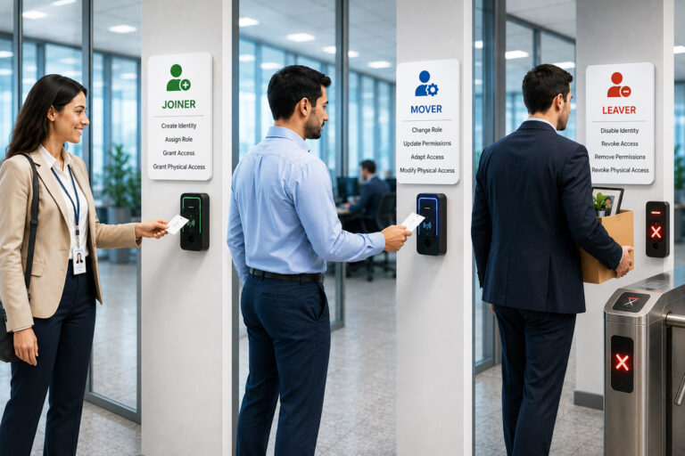 Identity Lifecycle Management (Joiner, Mover, Leaver) process illustrating employee onboarding, role changes, and offboarding with secure physical access control in a modern workplace.
