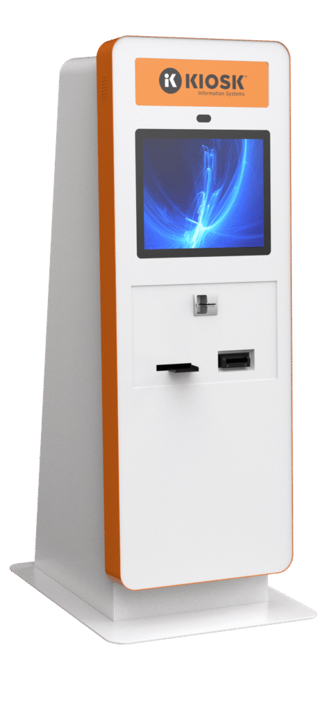 A white and orange self-service kiosk with a touchscreen display, card slot, and receipt dispenser, labeled Kiosk Information Systems.