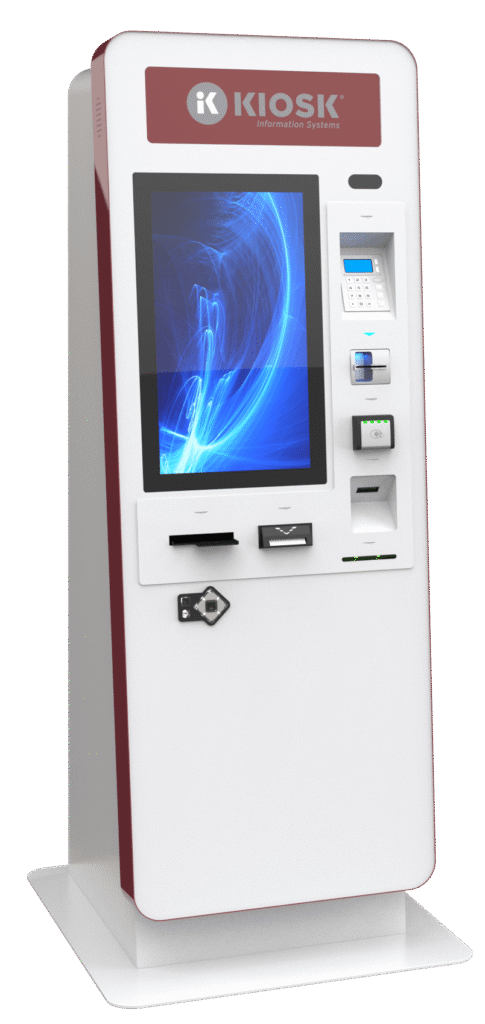 A white self-service kiosk with a large touchscreen, card reader, receipt printer, and several input slots on the front panel.