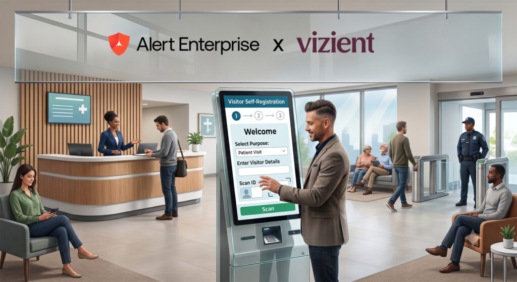Hospital lobby with people checking in at a self-registration kiosk, reception desk activity, and Alert Enterprise and Vizient logos visible on a sign above.
