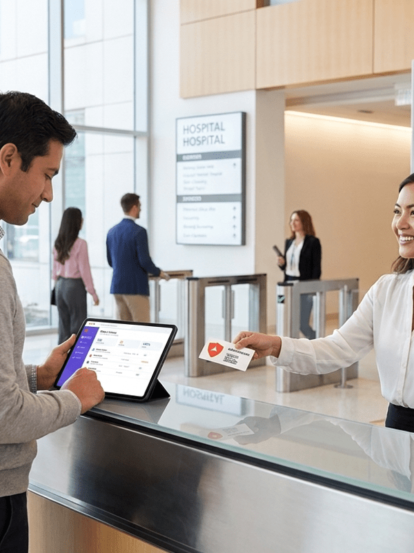 A man signs in on a tablet at a hospital reception while a receptionist hands him an access card. Two other people are in the lobby near an entrance.