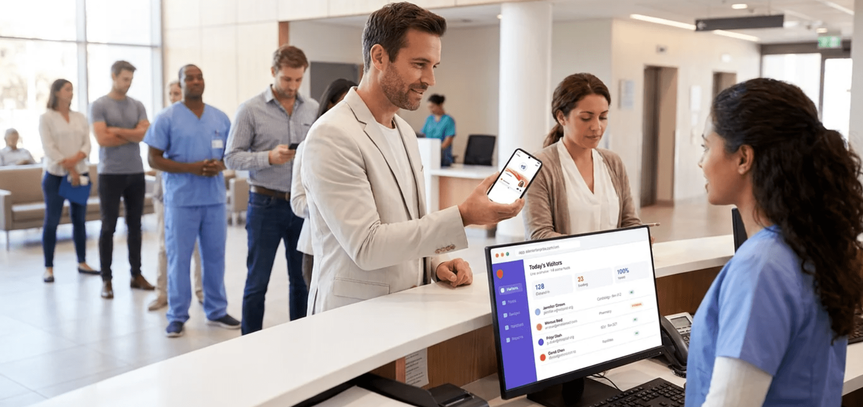 A man holds up his phone to a receptionist at a hospital check-in desk, with several people, including medical staff, waiting in line behind him.