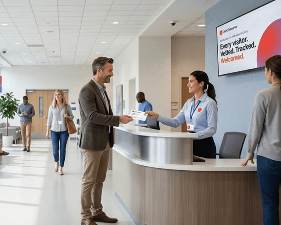 A man checks in at a modern reception desk, receiving a visitor badge from a receptionist. Other people walk through the lobby. A digital sign welcomes visitors.