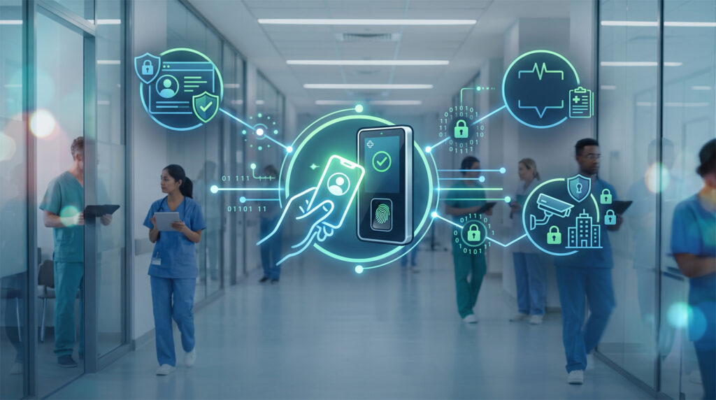 Medical staff walk in a hospital hallway with digital icons overlaid showing secure data, mobile access, fingerprints, and health records, illustrating technology use in healthcare settings.