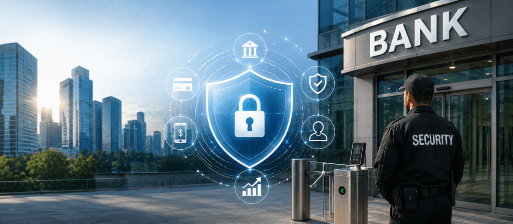 A security guard stands outside a bank building; a digital lock and security icons are superimposed, symbolizing financial security and protection measures.