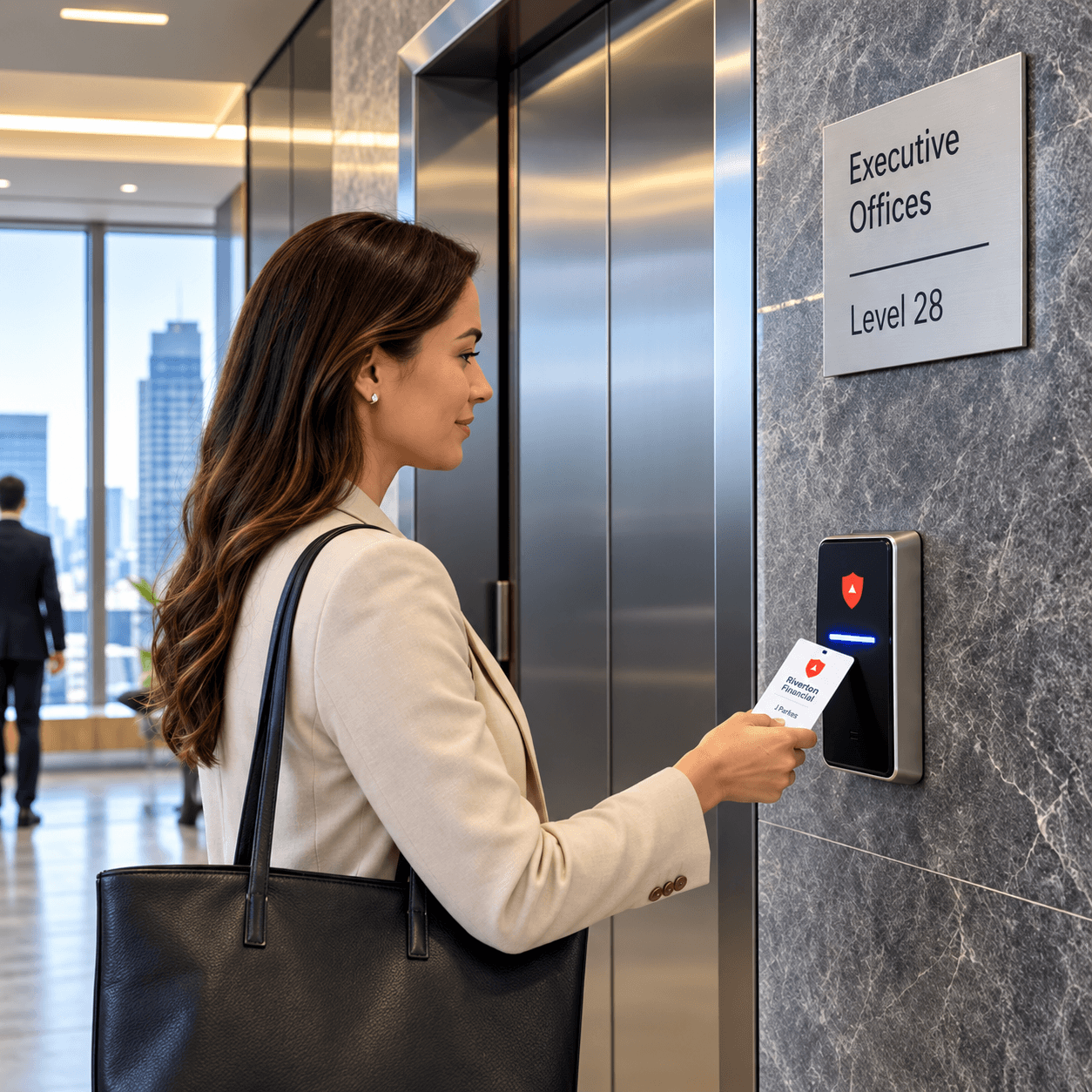 A woman in a blazer scans an access card at an elevator panel labeled Executive Offices, Level 28.