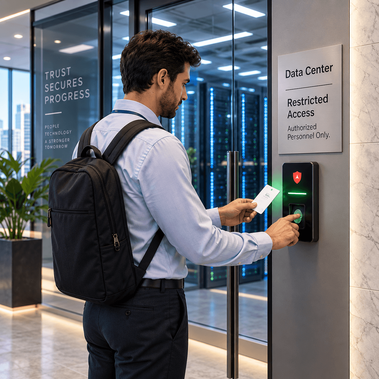 A man with a backpack scans his ID card and fingerprint at a secure data center door.