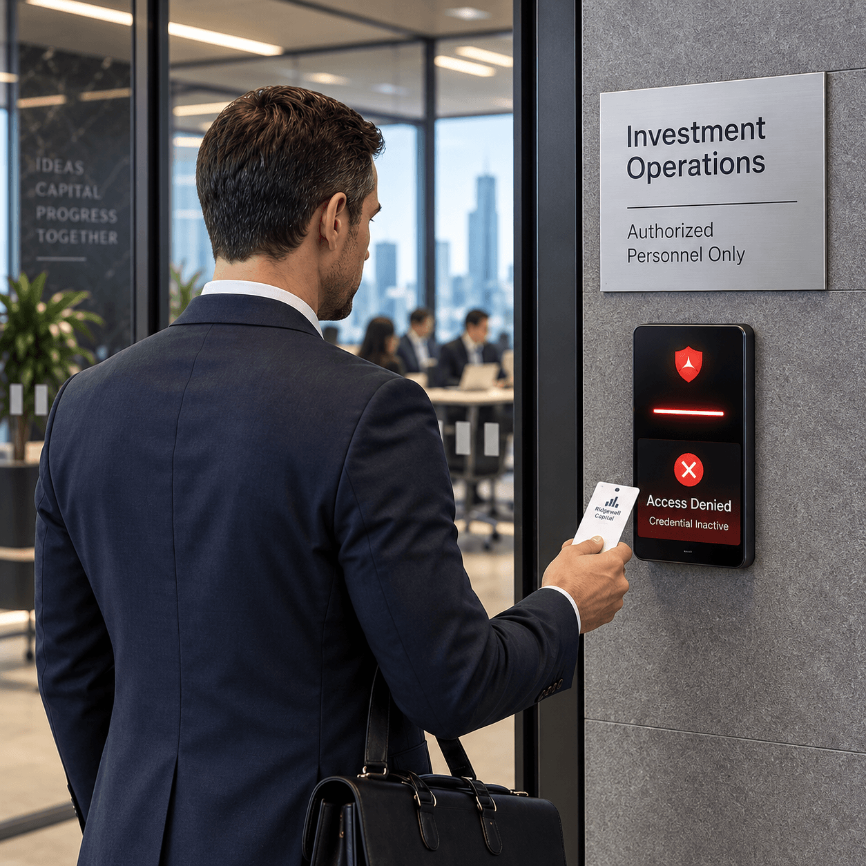 A man in a suit holds a key card to a door reader that displays an Access Denied message below an Investment Operations sign.