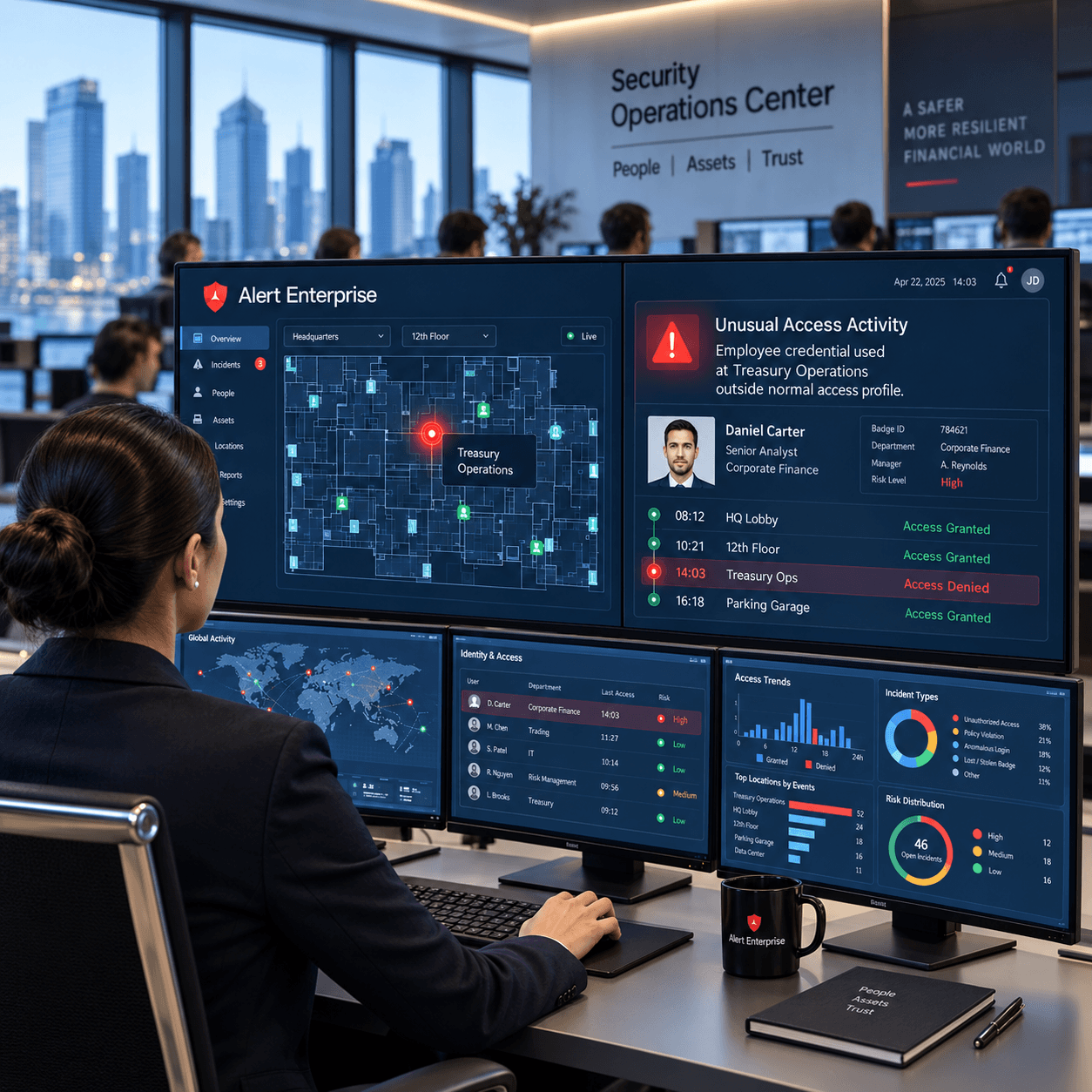 A security analyst monitors an Alert Enterprise dashboard showing maps, identity access logs, and real-time security incident alerts.